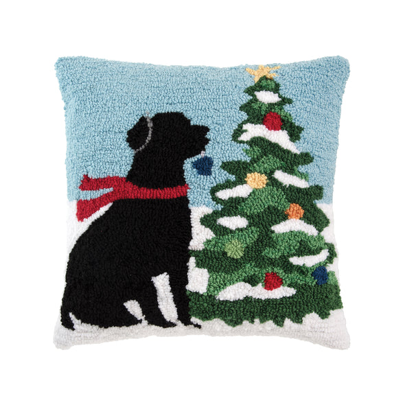 dog and christmas tree hooked pillow, christmas hooked pillow, christmas pillow