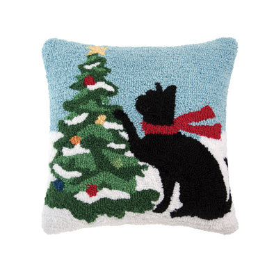 cat and christmas tree hooked pillow, christmas hooked pillow, christmas pillow