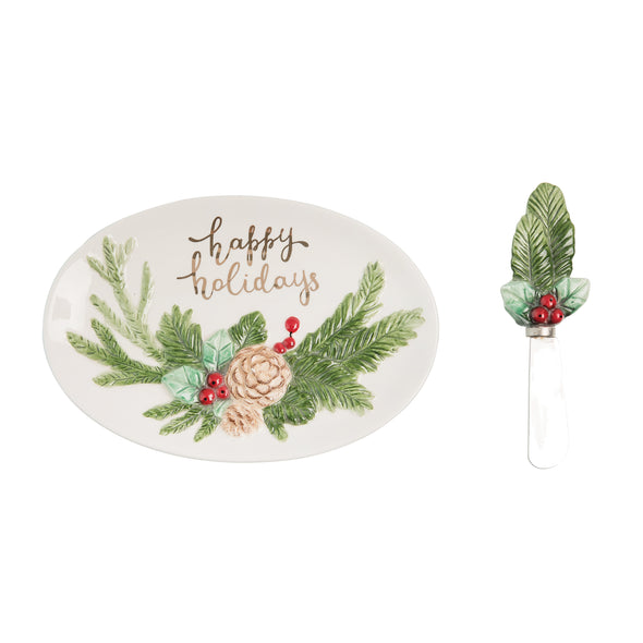 happy holidays platter and spreader, christmas serving ware, christmas serving set