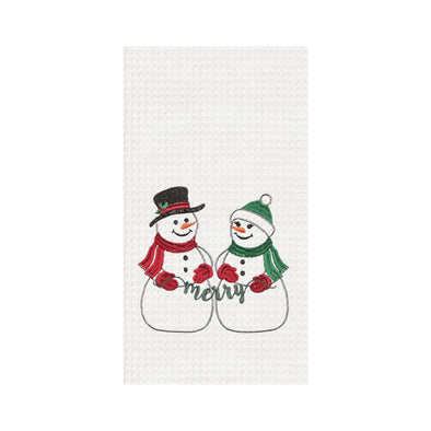 merry snowman couple waffle weave towel, christmas kitchen towel