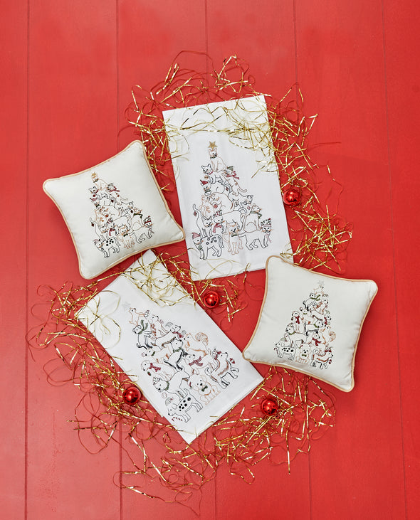 cat tree decorative pillow, cat christmas pillow, embroidered christmas pillow