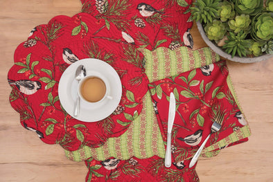 April Cornell chickadee red table linens, christmas linens, chickadee table linens