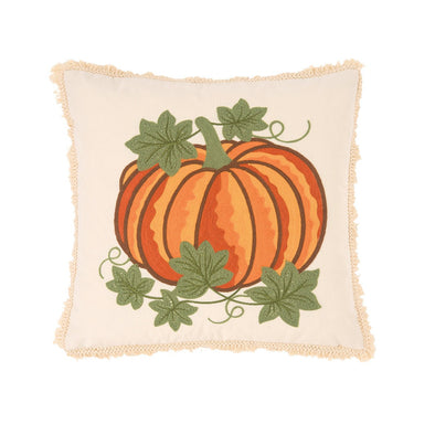 handcrafted crewel embroidered pillow with a pumpkin motif and fringed trim