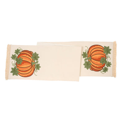 crewel embroidered pumpkin table runner with fringed edges