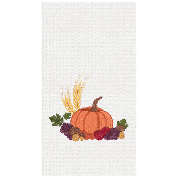 cotton waffle weave kitchen towel with a classic embroidered autumn bounty and thanksgiving pumpkin