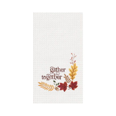 cotton waffle weave towel with a classic embroidered leaf design by artist Beth Buffington