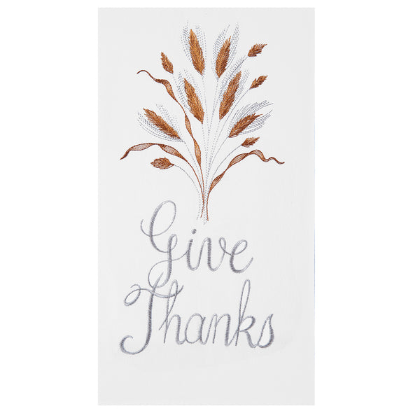 With a gold wheat motif and simple "give thanks" sentiment embroidered on absorbent cotton flour sack