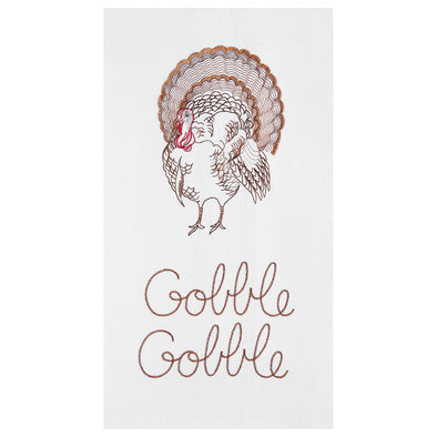 100% cotton kitchen towel embroidered with a thanksgiving turkey and gobble gobble sentiment