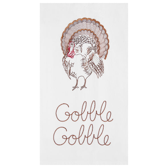 100% cotton kitchen towel embroidered with a thanksgiving turkey and gobble gobble sentiment