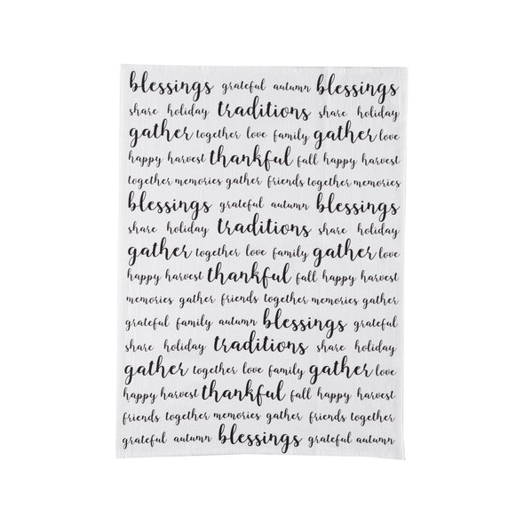 100% cotton waffle weave kitchen towel with a printed script design of fall slogans
