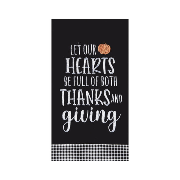 checkered trimmed flour sack kitchen towel with an embroidered thanksgiving sentiment