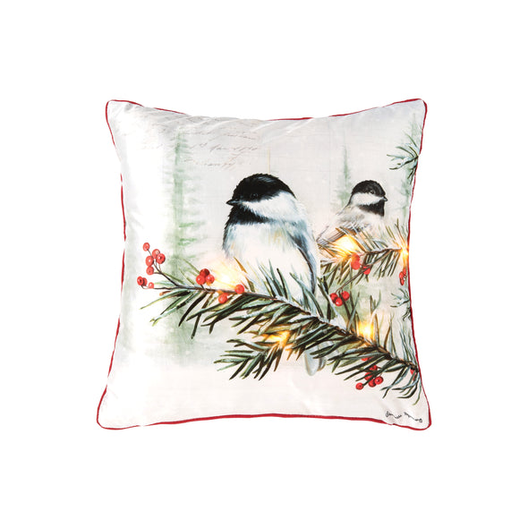 Danielle Murray holiday chickadee LED decorative pillow, chickadee pillow, christmas pillow