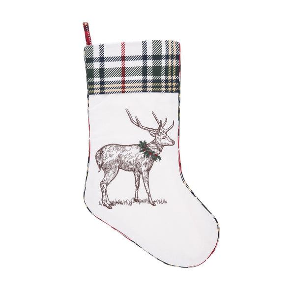 deer wearing holly wreath burberry and white christmas stocking