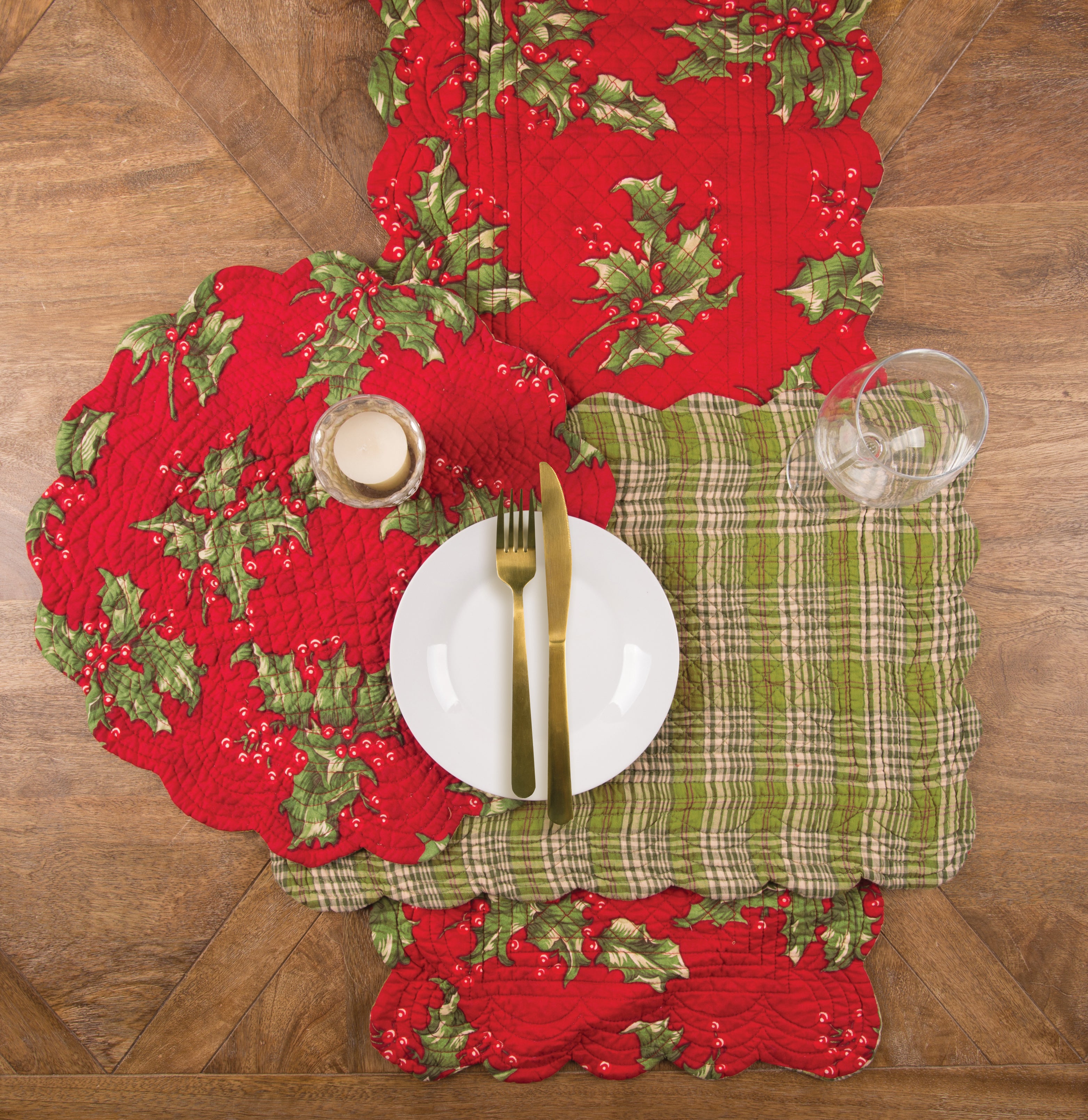 Christmas Cloth Dinner Napkins - Red Green Tartan Plaid & Holly