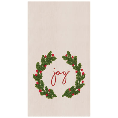joy wreath french knot kitchen towel, christmas kitchen towel