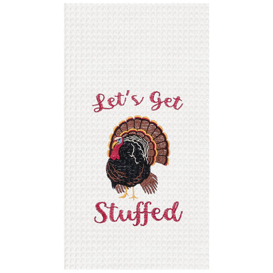 cotton waffle weave kitchen towel embroidered with a turkey and thankgiving sentiment
