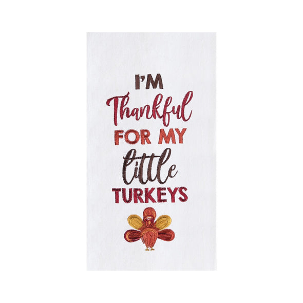 little turkey kitchen towel featuring an embroidered sentiment