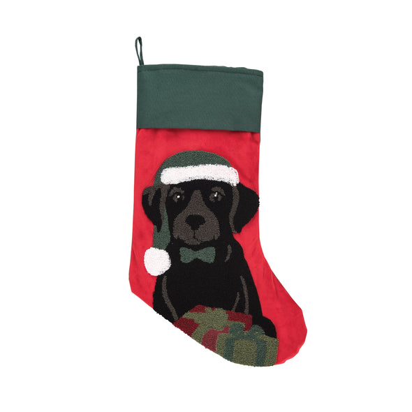 present puppy stocking, velvet christmas stocking, black lab stocking