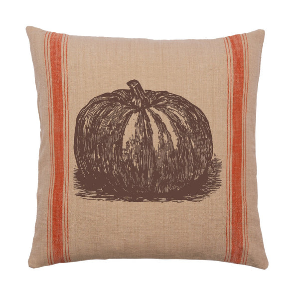 farmhouse inspired feed sack pillow with a printed pumpkin motif