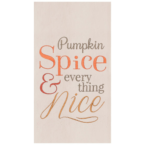 100% cotton kitchen towel featuring an embroidered fall slogan