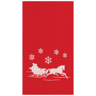 red and white sleigh ride waffle weave kitchen towel