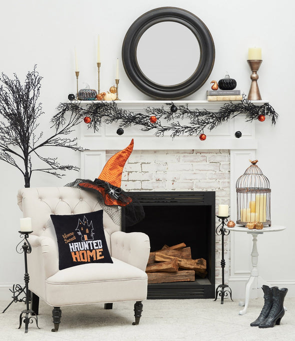 Halloween, decorative throw pillow, Home Sweet Haunted Home, orange and black