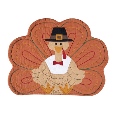 turkey shaped placemat featuring embroidered thanksgiving details 
