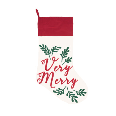 white very merry embroidered stocking, christmas stocking