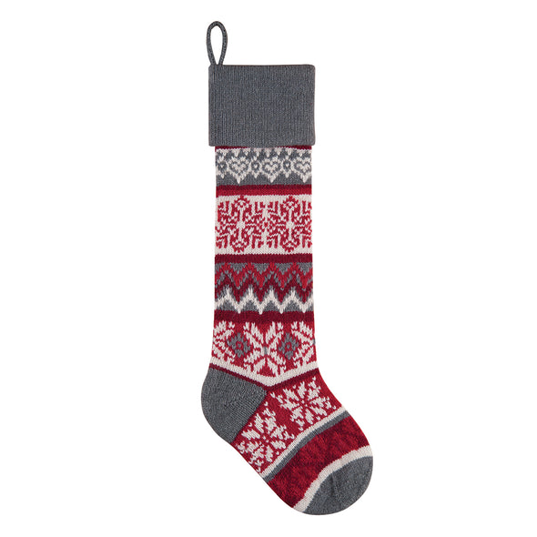 gray red and white knit christmas stocking
