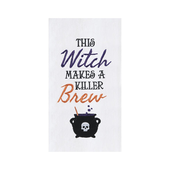 Kitchen flour sack towel with an embroidered Halloween witch expression.