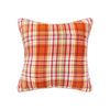 the back of an orange, red, white, and purple plaid fall pillow