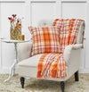 Orange, red, white, and purple plaid fall pillow and matching throw