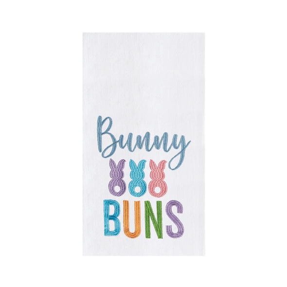 bunny buns embroidered in spring colors on white flour sack kitchen towel