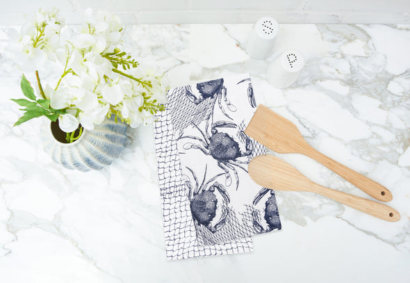 Blue Crab & Net Kitchen Towel, Set of 2
