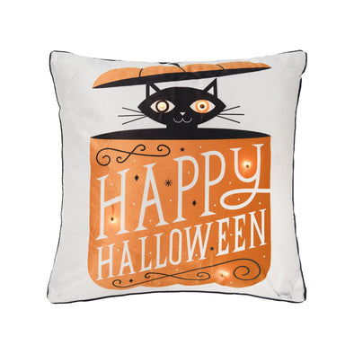 Happy Halloween black cat popping out of pumpkin LED pillow