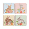 MDF floral bunny coasters with cork backing featuring bunnies on pastel colors