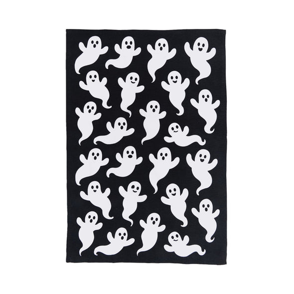 white ghosts printed on black halloween kitchen towel