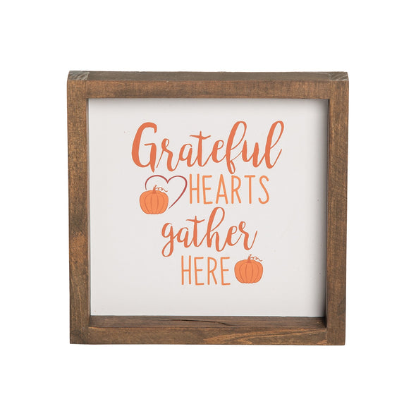 white block featuring Grateful Hearts Gather Here sentiment with a wood frame