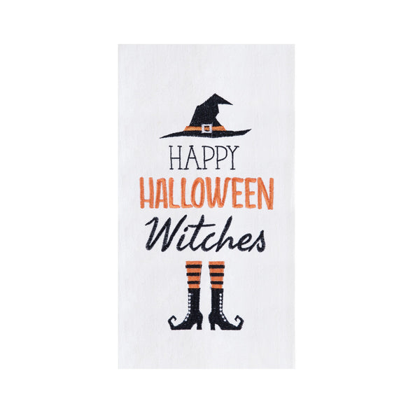 happy halloween witches embroidered flour sack kitchen towel