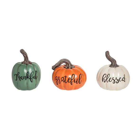 assortment of 3 fall pumpkin figurines with thankful, grateful, and blessed script