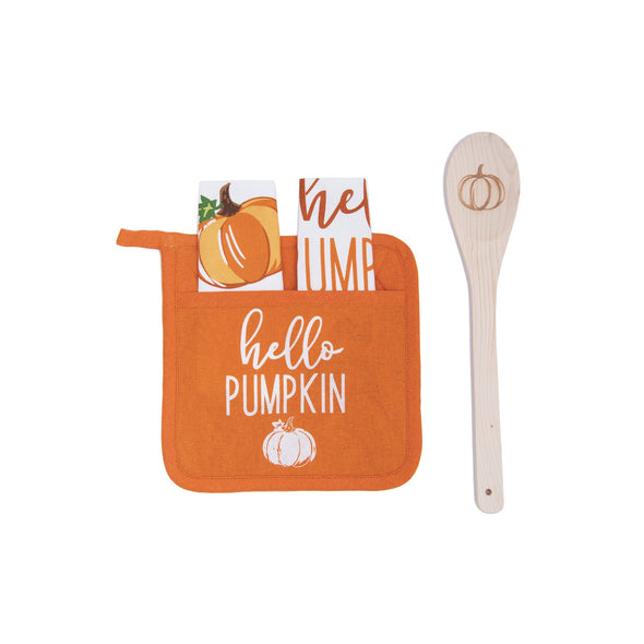 Orange square pot holder featuring Hello Pumpkin written in white script holding two fall kitchen towels and wooden spoon.