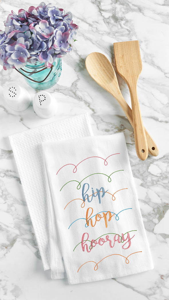 hip hop hooray kitchen towel laying flat on a kitchen counter