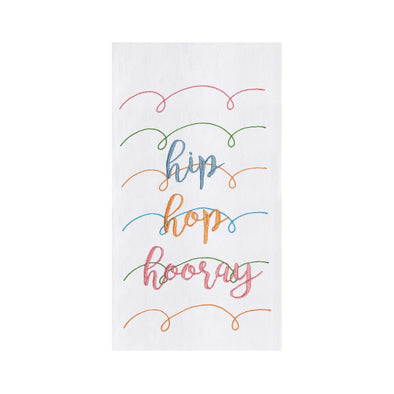 hip hop hooray embroidered on a white flour sack kitchen towel