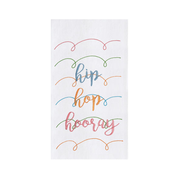 hip hop hooray embroidered on a white flour sack kitchen towel