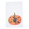 a cotton kitchen towel featuring a printed halloween witch design by Elena Vladykina