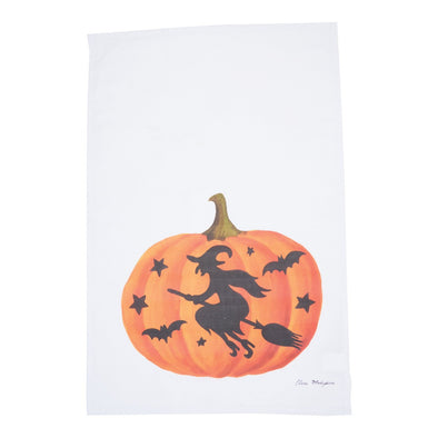 a cotton kitchen towel featuring a printed halloween witch design by Elena Vladykina