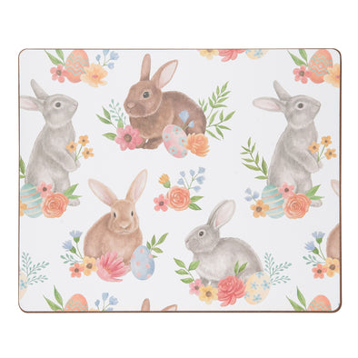 spring floral bunny hardboard placemat featuring grey and brown bunnies sitting in easter eggs & flowers