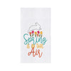 "spring is in the air" embroidered in spring colors on a white flour kitchen towel