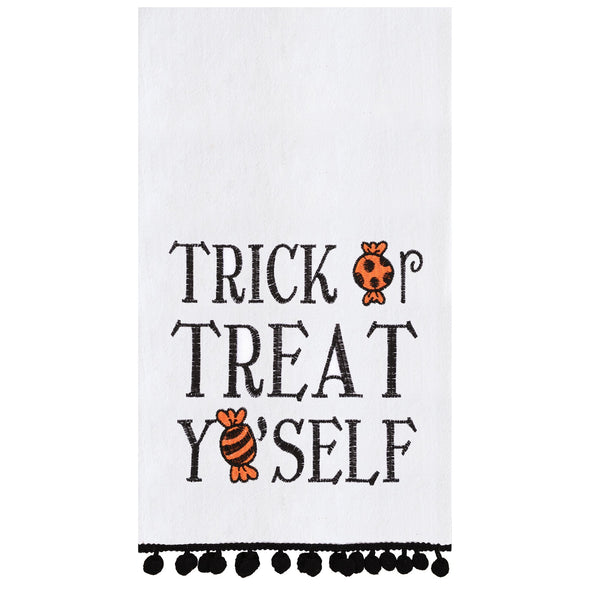 trick or treat yo'self embroidered kitchen towel
