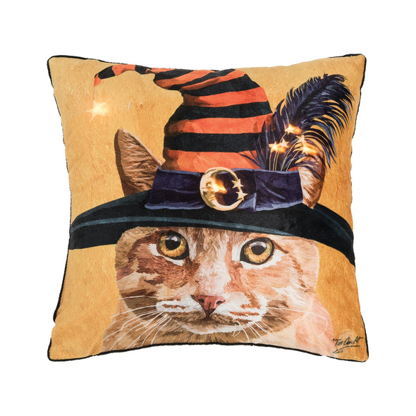 tabby cat in a witch hat on an LED pillow